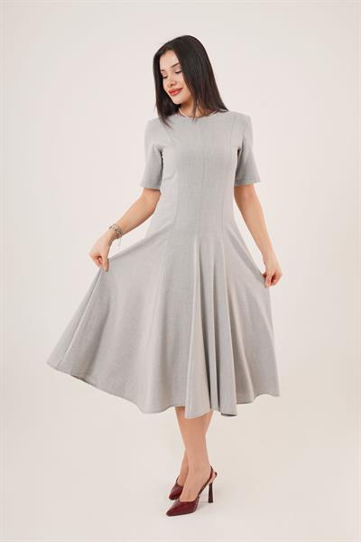 Çan Model Belden Oturtmalı Gri Elbise