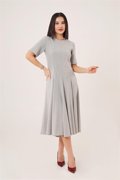 Çan Model Belden Oturtmalı Gri Elbise