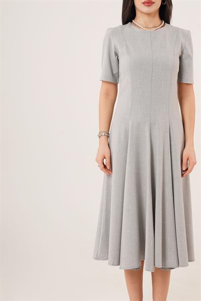 Çan Model Belden Oturtmalı Gri Elbise