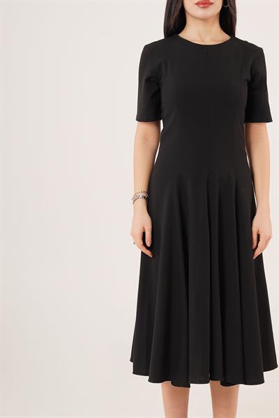 Çan Model Belden Oturtmalı Siyah Elbise