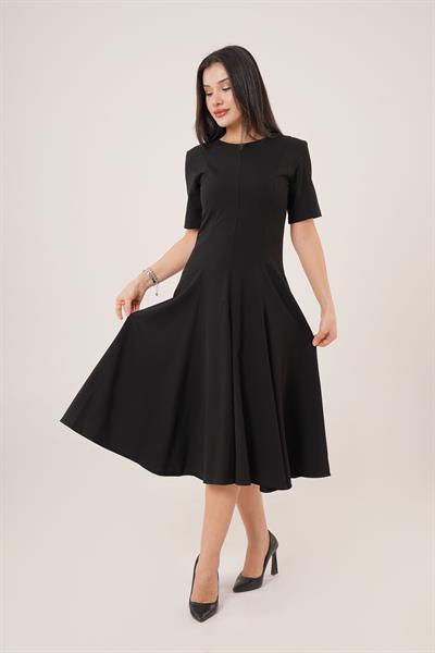 Çan Model Belden Oturtmalı Siyah Elbise