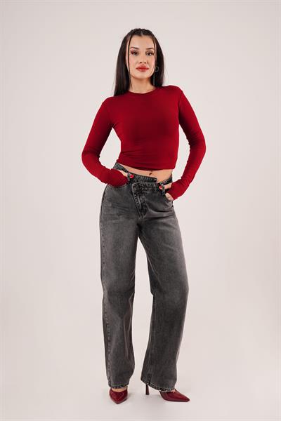 Çapraz Detay Yüksek Bel Antrasit Straight Fit Jean