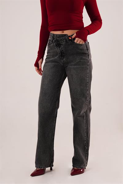 Çapraz Detay Yüksek Bel Antrasit Straight Fit Jean
