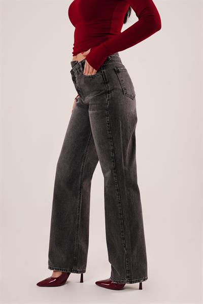Çapraz Detay Yüksek Bel Antrasit Straight Fit Jean