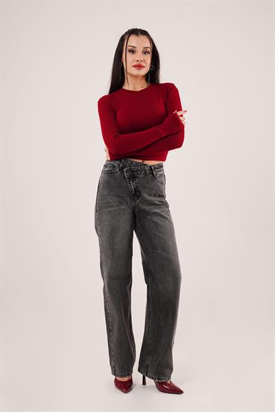 Çapraz Detay Yüksek Bel Antrasit Straight Fit Jean