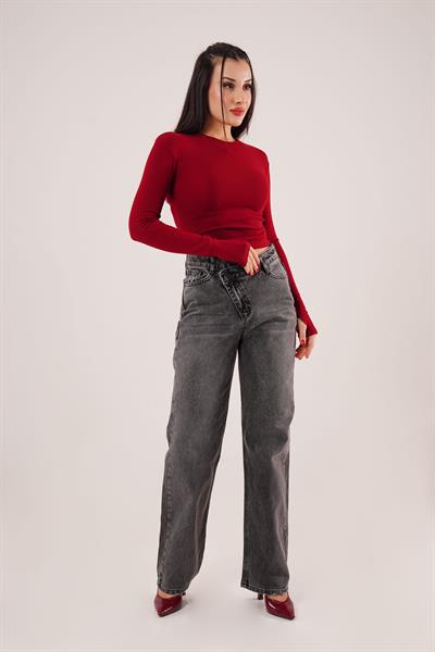 Çapraz Detay Yüksek Bel Antrasit Straight Fit Jean