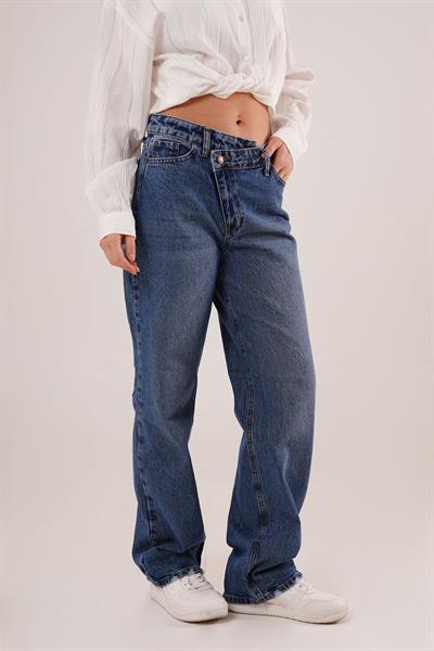 Çapraz Detay Yüksek Bel Mavi Straight Fit Jean