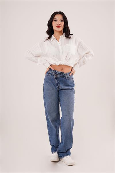 Çapraz Detay Yüksek Bel Mavi Straight Fit Jean