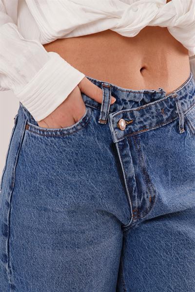 Çapraz Detay Yüksek Bel Mavi Straight Fit Jean