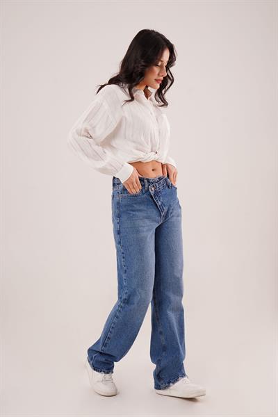 Çapraz Detay Yüksek Bel Mavi Straight Fit Jean