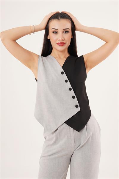 Çapraz Modelli Düğmeli Siyah Yelek	
