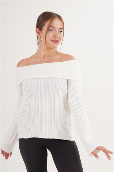 Carmen Yaka Pul Payetli Oversize Trend Ekru Kazak