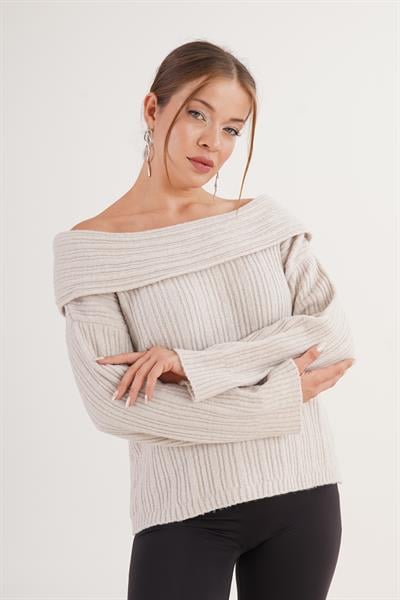 Carmen Yaka Pul Payetli Oversize Trend Taş Kazak