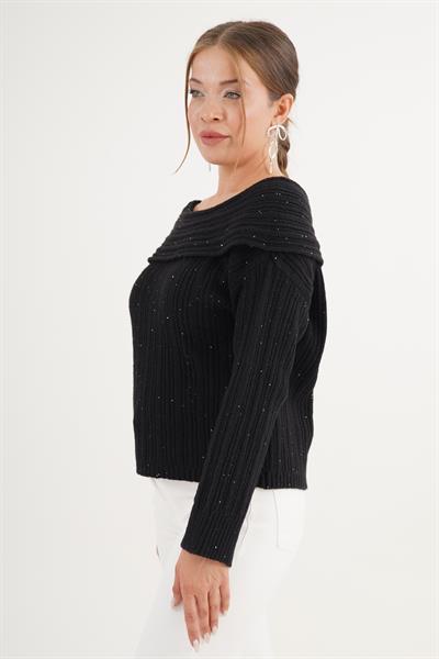 Carmen Yaka Pul Payetli Oversize Trend Siyah Kazak