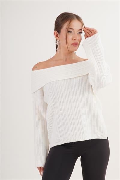 Carmen Yaka Pul Payetli Oversize Trend Ekru Kazak