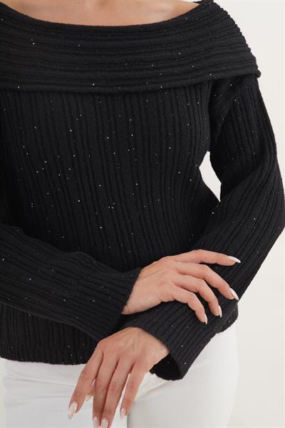 Carmen Yaka Pul Payetli Oversize Trend Siyah Kazak