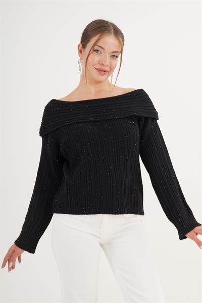 Carmen Yaka Pul Payetli Oversize Trend Siyah Kazak