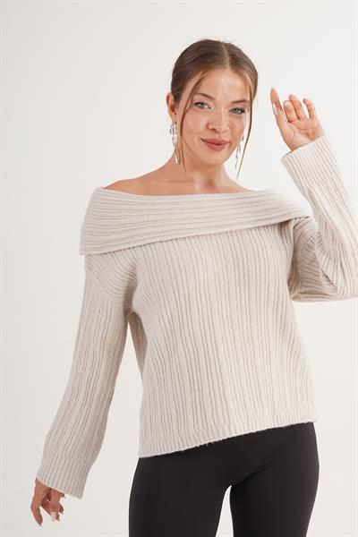 Carmen Yaka Pul Payetli Oversize Trend Taş Kazak