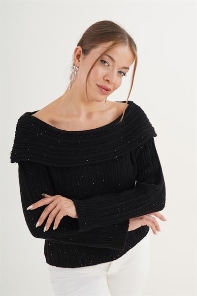 Carmen Yaka Pul Payetli Oversize Trend Siyah Kazak