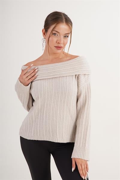 Carmen Yaka Pul Payetli Oversize Trend Taş Kazak