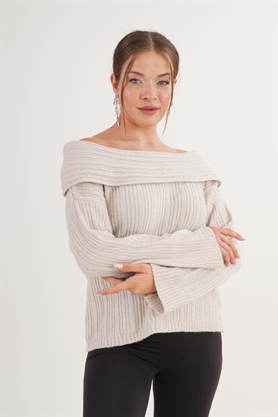 Carmen Yaka Pul Payetli Oversize Trend Taş Kazak