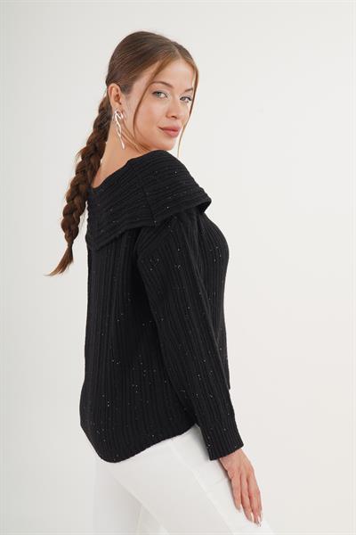 Carmen Yaka Pul Payetli Oversize Trend Siyah Kazak