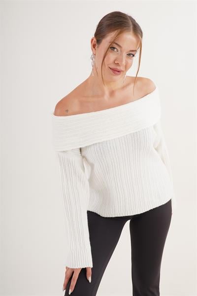 Carmen Yaka Pul Payetli Oversize Trend Ekru Kazak