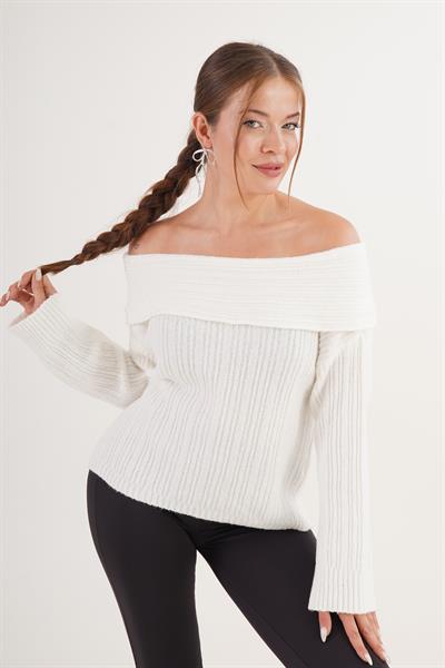 Carmen Yaka Pul Payetli Oversize Trend Ekru Kazak