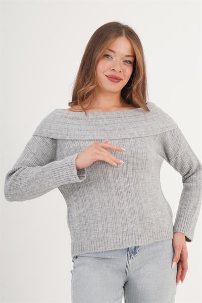 Carmen Yaka Stil Uzun Kol Gri Triko Kazak