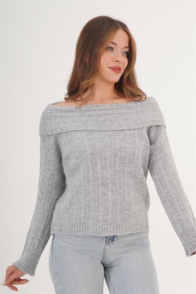 Carmen Yaka Stil Uzun Kol Gri Triko Kazak