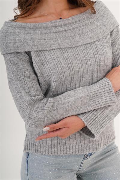 Carmen Yaka Stil Uzun Kol Gri Triko Kazak