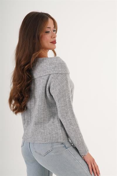 Carmen Yaka Stil Uzun Kol Gri Triko Kazak