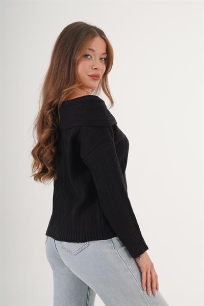 Carmen Yaka Stil Uzun Kol Siyah Triko Kazak