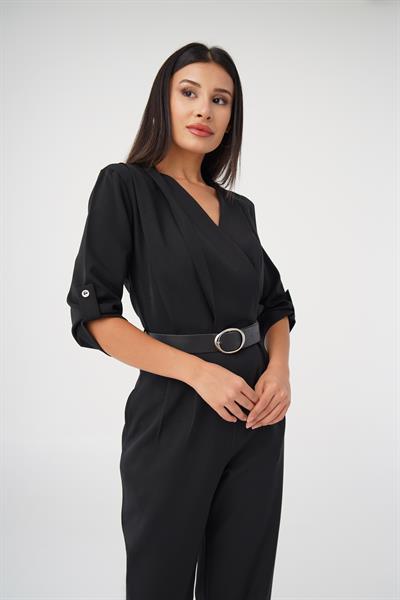 Casual Kemerli Siyah Tulum