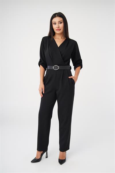 Casual Kemerli Siyah Tulum