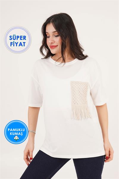 Cebi Örgü Detaylı Basic Ekru Tişört