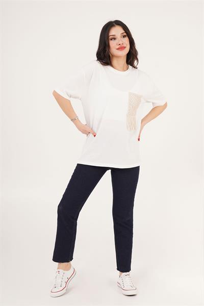 Cebi Örgü Detaylı Basic Ekru Tişört