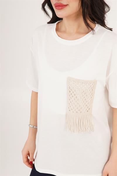Cebi Örgü Detaylı Basic Ekru Tişört