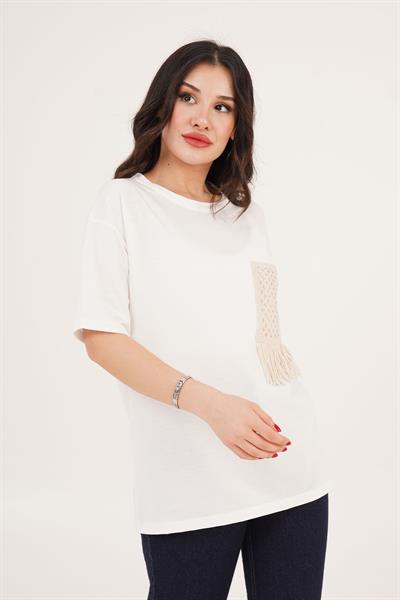 Cebi Örgü Detaylı Basic Ekru Tişört