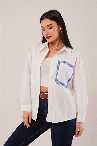 Cep Çizgi Detaylı Beyaz Gömlek