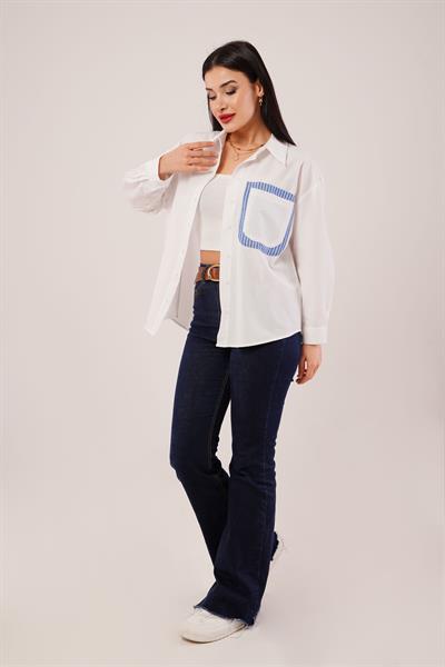 Cep Çizgi Detaylı Beyaz Gömlek