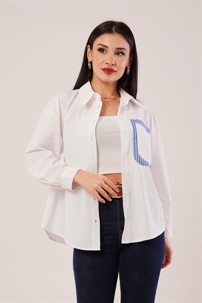 Cep Çizgi Detaylı Beyaz Gömlek