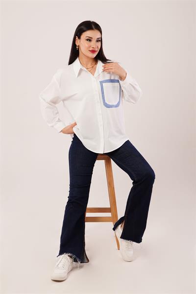 Cep Çizgi Detaylı Beyaz Gömlek