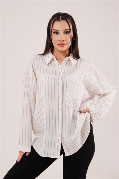 Cep Çizgi Detaylı Beyaz Gömlek