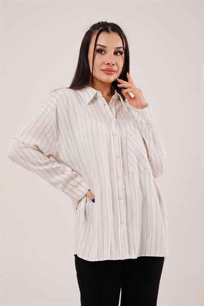 Cep Çizgi Detaylı Beyaz Gömlek