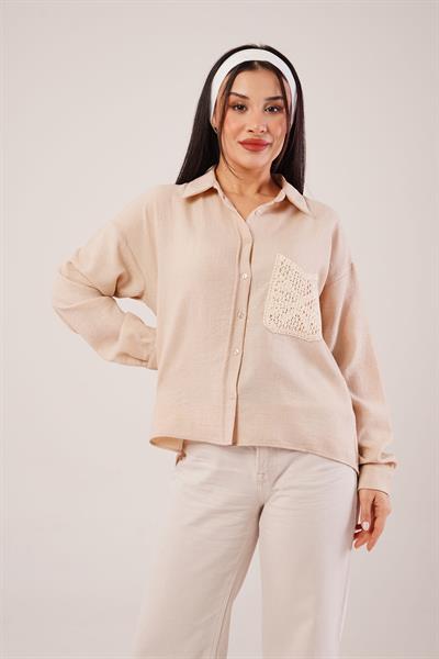 Cep Dantelli Oversize Bej Gömlek