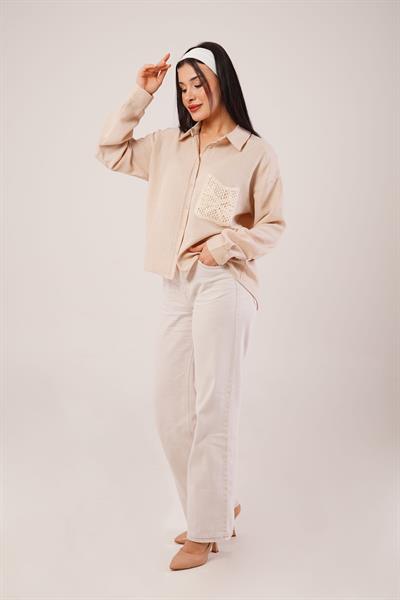 Cep Dantelli Oversize Bej Gömlek