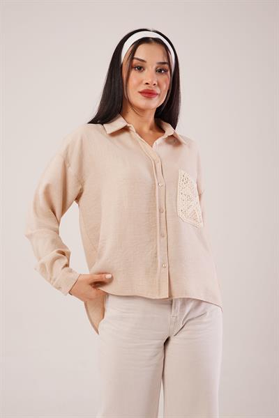 Cep Dantelli Oversize Bej Gömlek