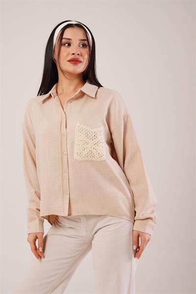 Cep Dantelli Oversize Bej Gömlek