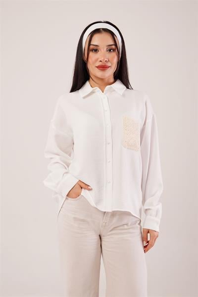 Cep Dantelli Oversize Beyaz Gömlek